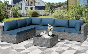 7 Pieces Outdoor Patio Furniture Sets, Patio Sectional Sofa Couch, Gray PE Wicker Furniture Modular Patio