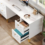 White and Gold Computer Desk, 59'' Modern Writing Table with File Drawers