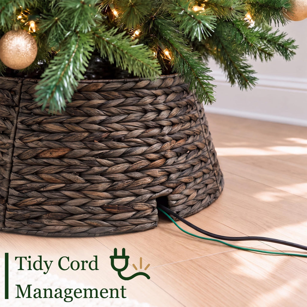 24" Rattan Christmas Small Tree Collar for 4-6ft Artificial Trees, Hand-Woven Wicker Tree Skirt Base Cover with Cord