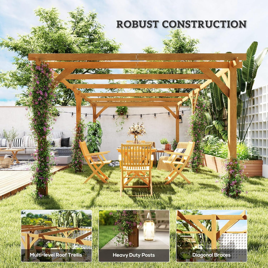 20' x 10' Outdoor Pergola, Wood Gazebo Grape Trellis with Stable Structure and Concrete Anchors for Climbing Plant