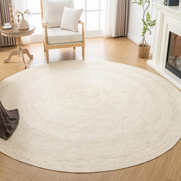White Round Rug 6 Feet, Chunky Hand Braided Textured Jute Rug Rustic Style Decor, Bedroom, Living Room, 100% Natural