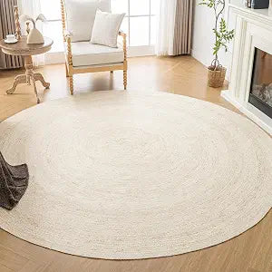 White Round Rug 6 Feet, Chunky Hand Braided Textured Jute Rug Rustic Style Decor, Bedroom, Living Room, 100% Natural