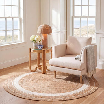 Natural Fiber Collection Area Rug - 6' Round, Natural & Ivory, Flat Weave Farmhouse Border Jute Design, Ideal for