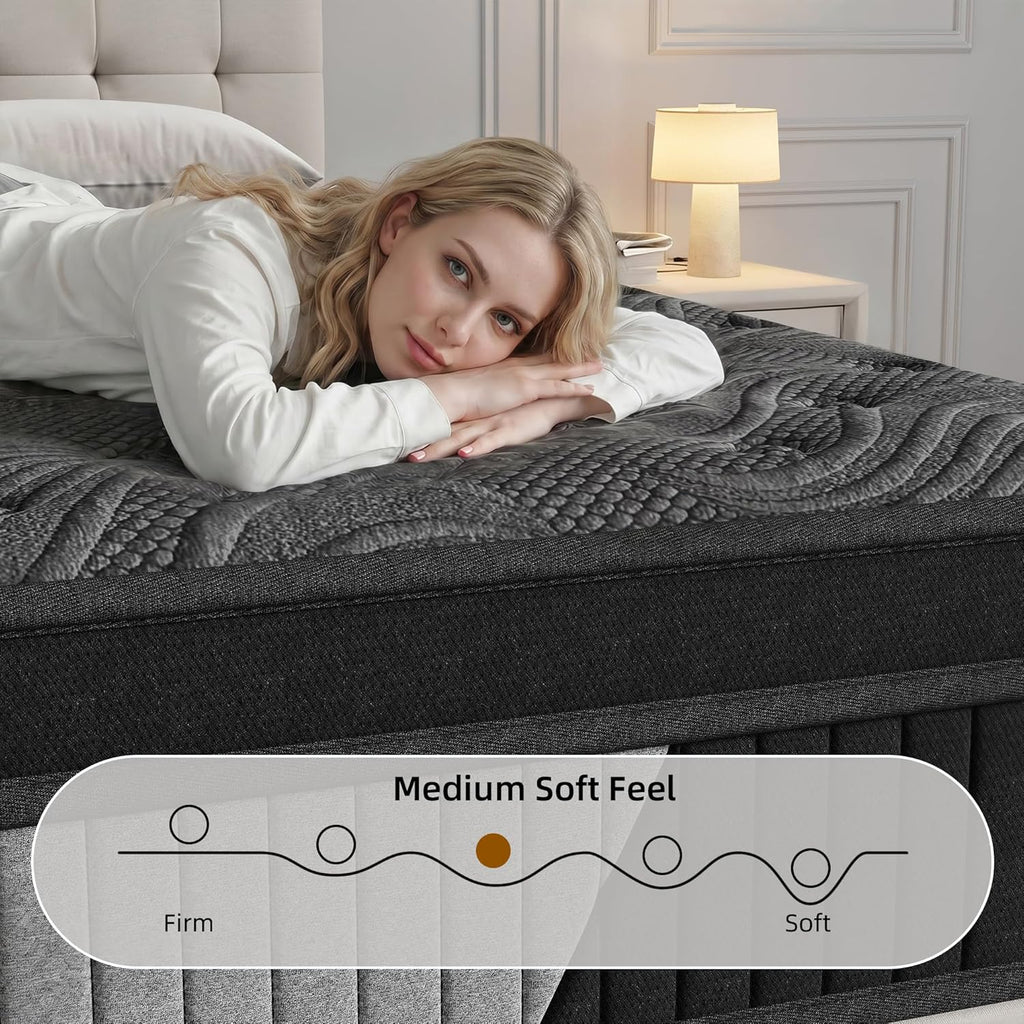 King Size 12 Inch Hybrid Mattress in a Box, Medium Firm Black and Gray Fabric Cover with Pocket Spring and Memory