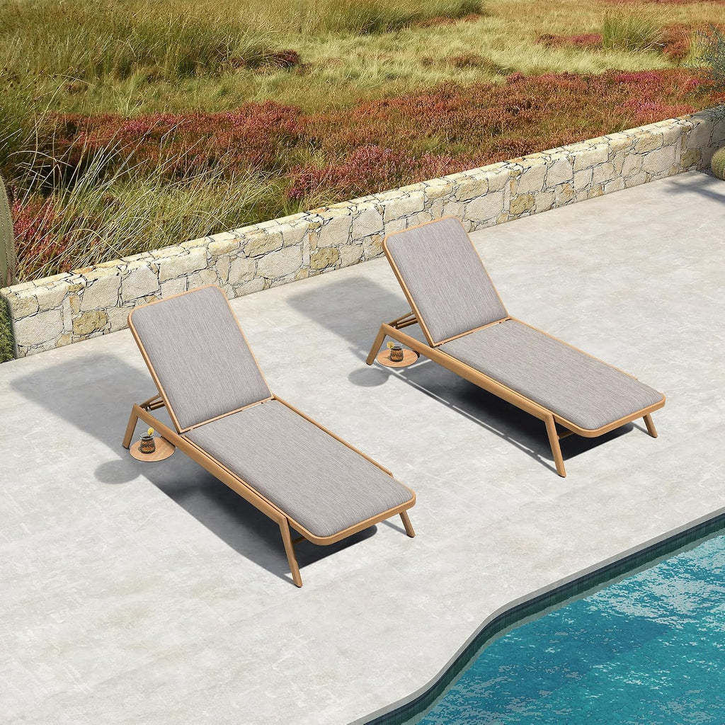 Patio Chaise Lounge with Quick-Dry Cushion Adjustable Back Teak | Heavy-duty Frame, Pull-out Table, 1.54" Soft