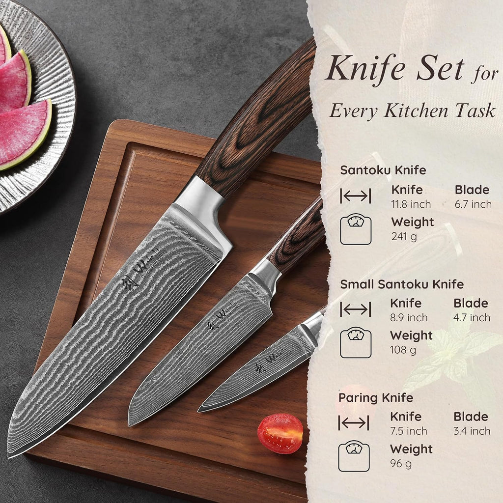 3-Piece Damascus Kitchen Knife Set in Wooden Gift Box | VG10 core, 67 layers genuine Damascus steel, 60 HRC, 7-inch