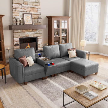 Faux Leather Modular Sectional Sofa with Storage, Mid Century Modern Sectional Couches , 105" Wide 4 Seat L Shaped
