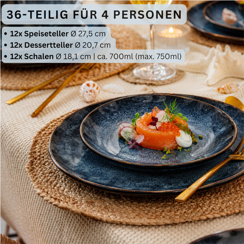 Tokyo Dinner Service, 36 Pieces, Crockery Set for 12 People, Stoneware Tableware Set, Dinnerware, Modern Handmade