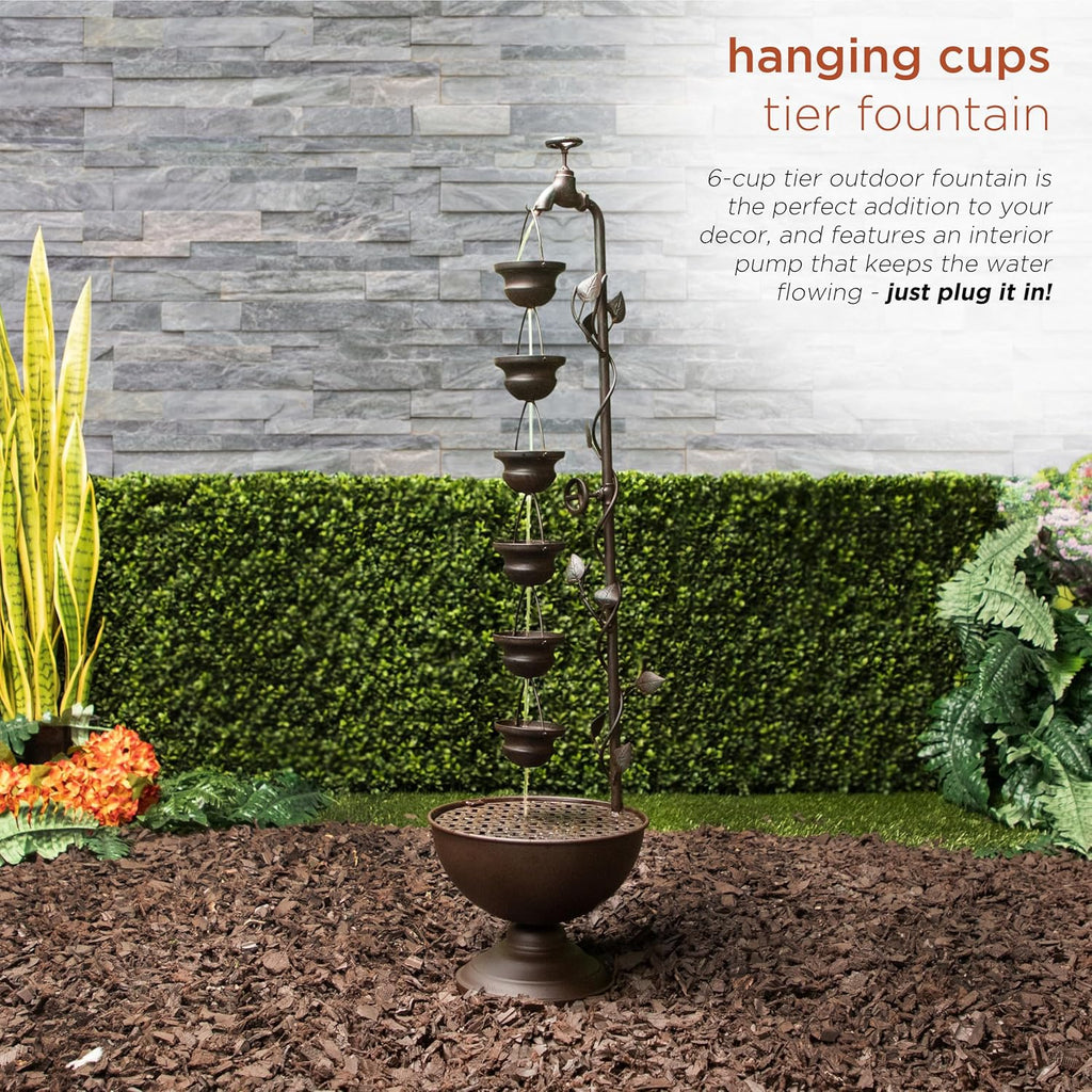 MAZ254 Outdoor Floor Tiered Vintage Water Fountain w/ 6 Hanging Cups, Soothing Tier Waterfall, 38", Bronze