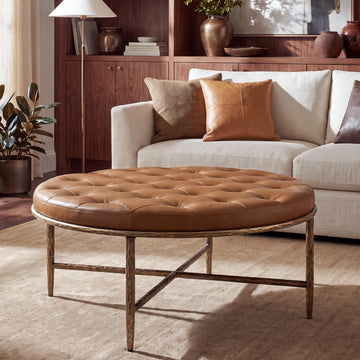 36" Round Tufted Ottoman Coffee Table, PU Leather Footstool (Brown)