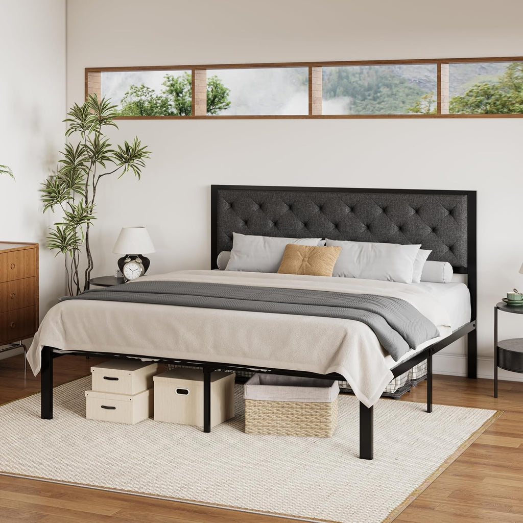 King Metal Platform Bed Frame,Linen Upholstered Button Tufted Headboard