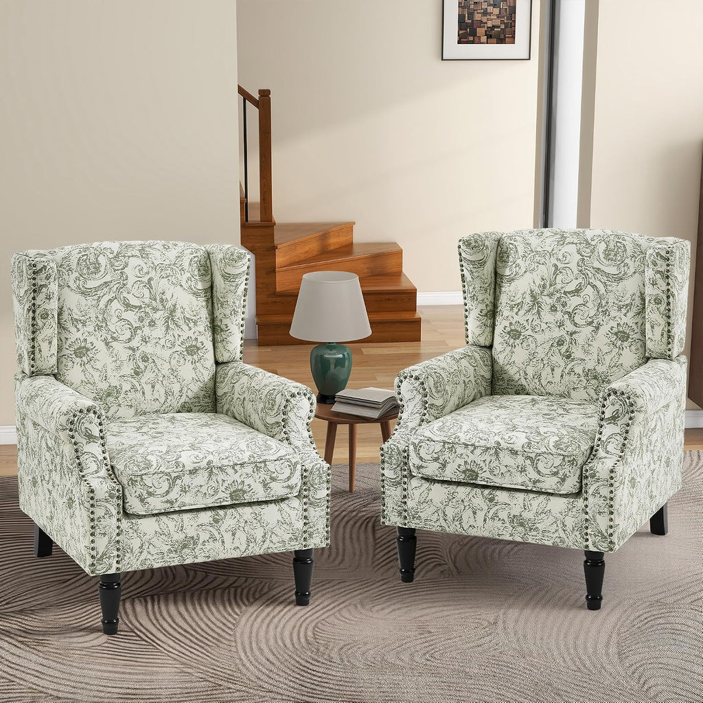 Floral High Back Accent Chairs Set of 2, Wingback Armchair in Fabric | Printed Upholstered Reading Seat with