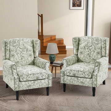 Floral Accent Chairs Set of 2, Fabric Wingback Armchair, Rococo Green