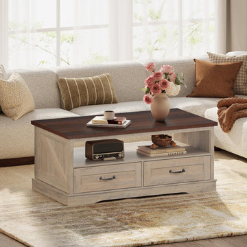 43" Coffee Table, Farmhouse Center Table with 2 Drawers, Grey