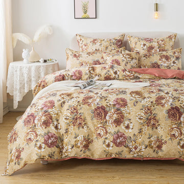 Duvet Cover Sets Tan Peony Floral Bedding Shabby Brown Flower Comforter Cover Set Vintage Farmhouse Bedding