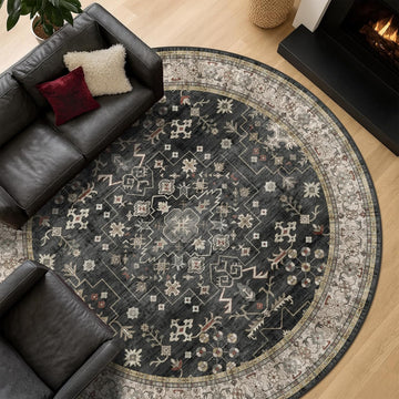 Black Boho Washable Round Rug 8ft - Large Area Rug Low Pile Non Slip, Dark Farmhouse Carpet, Moody Retro 8x8 Circular