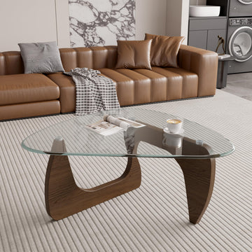 Inspired Noguchi Style Modern Glass Coffee Table, Triangle Center Table with Tempered Glass Top& Unique Wooden Base, 42.5" Mid Century Tea