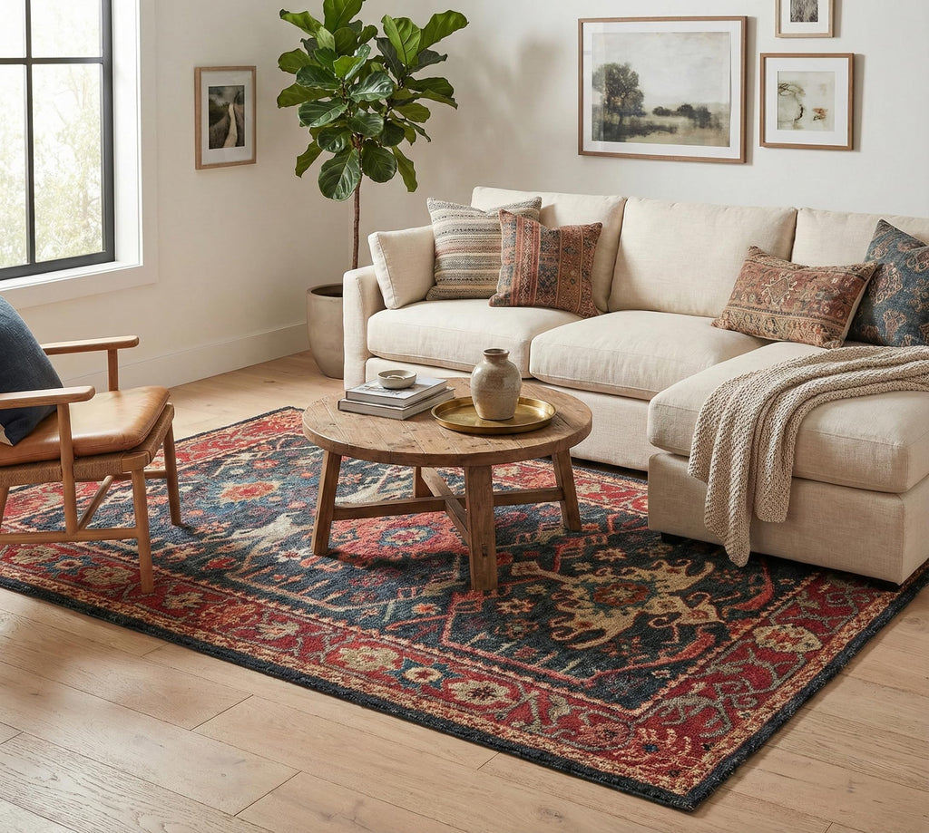 Traditional Handmade Wool Area Rug - Oriental Medallion Floral Pattern, Vintage Classic Bordered - Thick Plush Pile