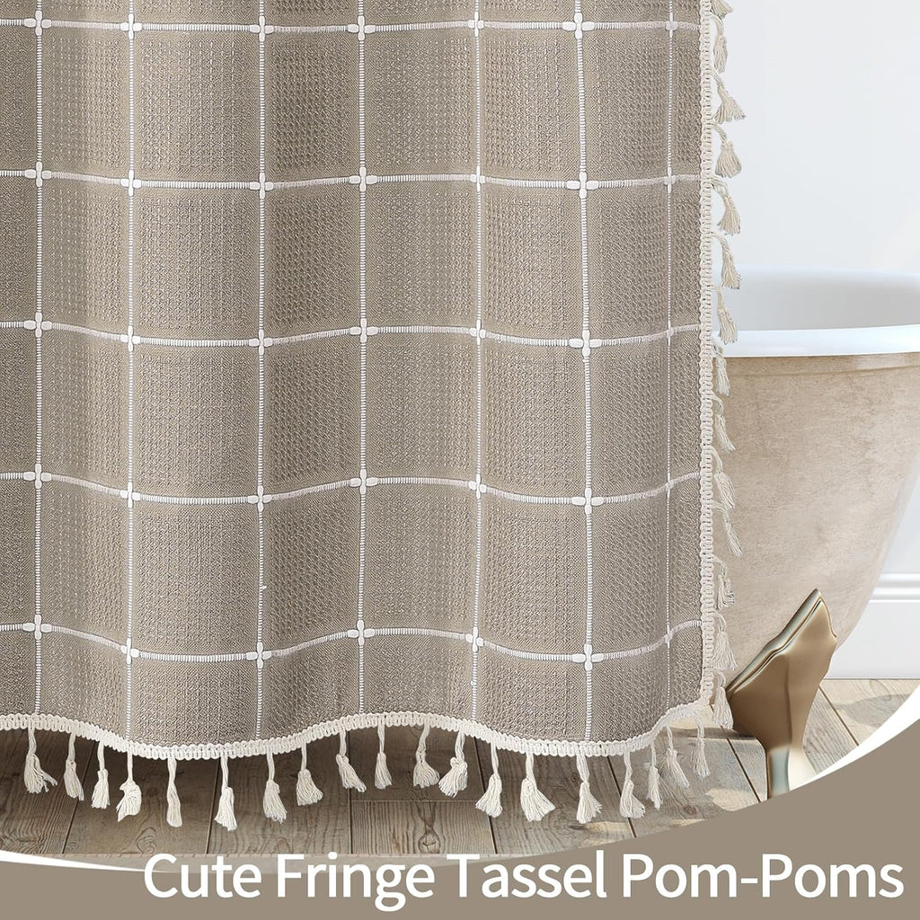 Taupe Boho Farmhouse Shower Curtain with Tassels, Rustic Bohemian Modern Bathroom Decor Heavy Thick Textured Fabric