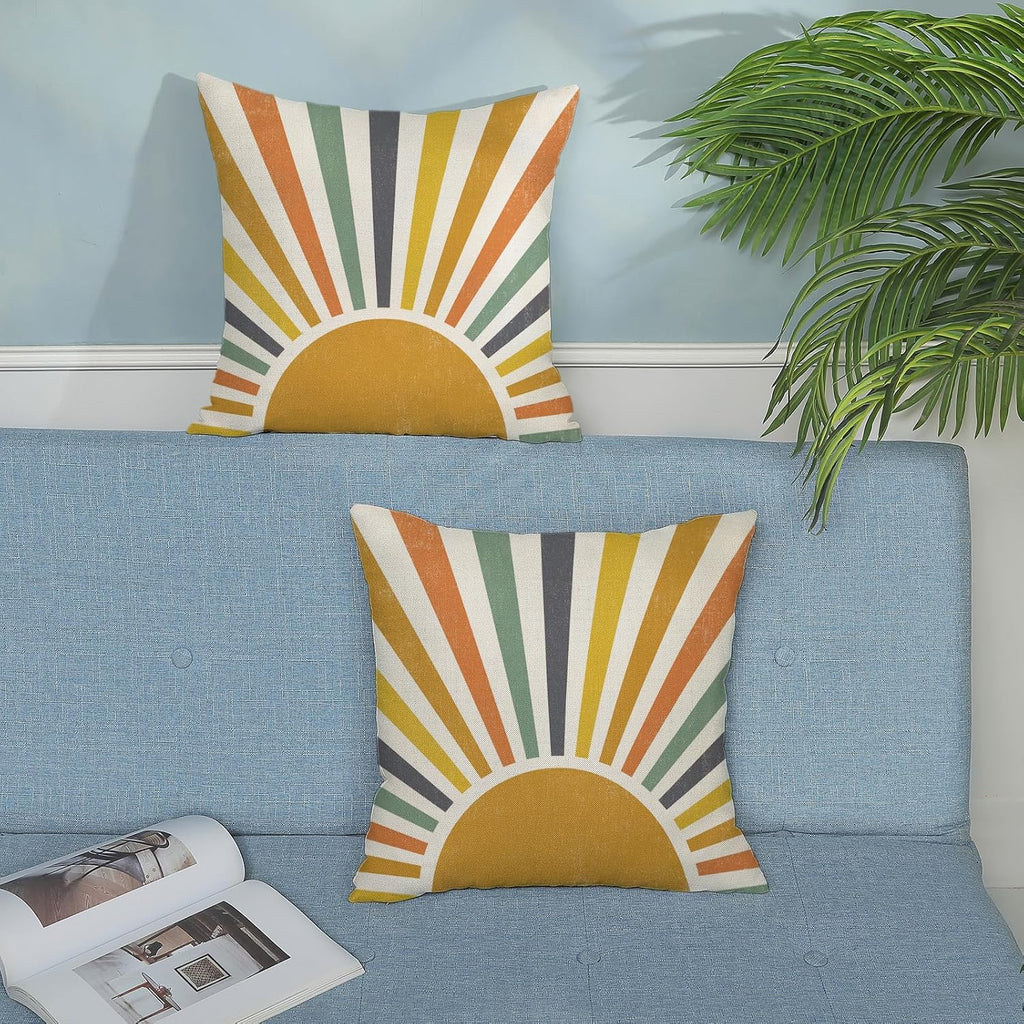 Summer Pillow Covers 18x18 Inch Set of 2, Stripes Yellow Sunshine Decorations Outdoor Throw Pillows Boho Summer