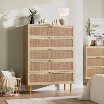 Rattan 5 Drawer Dressers , Tall Dresser with Deep Drawers, Large Chest of Drawers for Closet with Wide Top, Long
