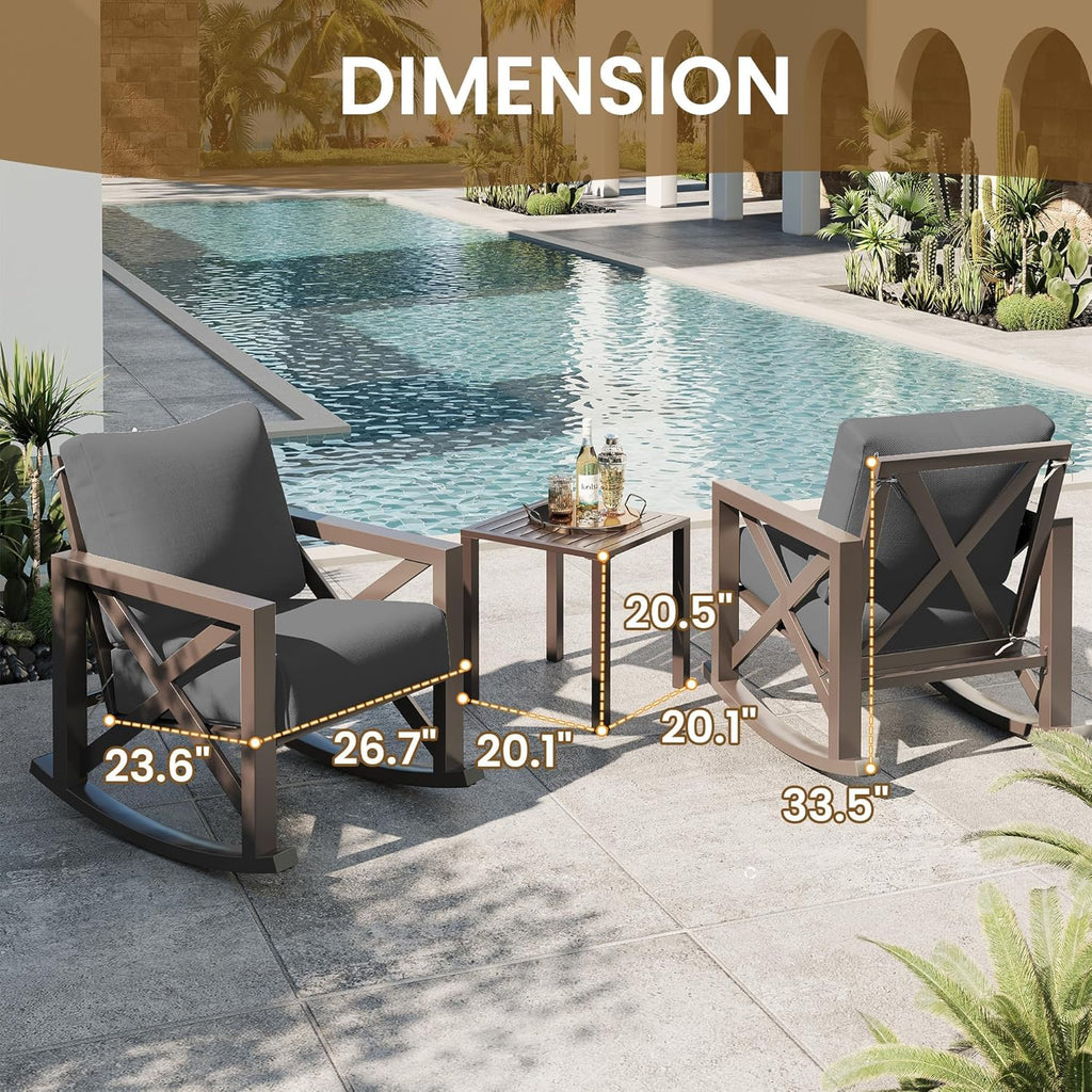 Rocking Chair Outdoor Set 2 w/Coffee Table, 3 Pc Metal Bistro Set | Metal Rocking 6.5" Water-Resistant Cushions
