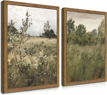 Vintage Landscape Wall Art Set of 2, Green Natural Wilderness Farmhouse Canvas Wall Decor Paintings, Retro Country
