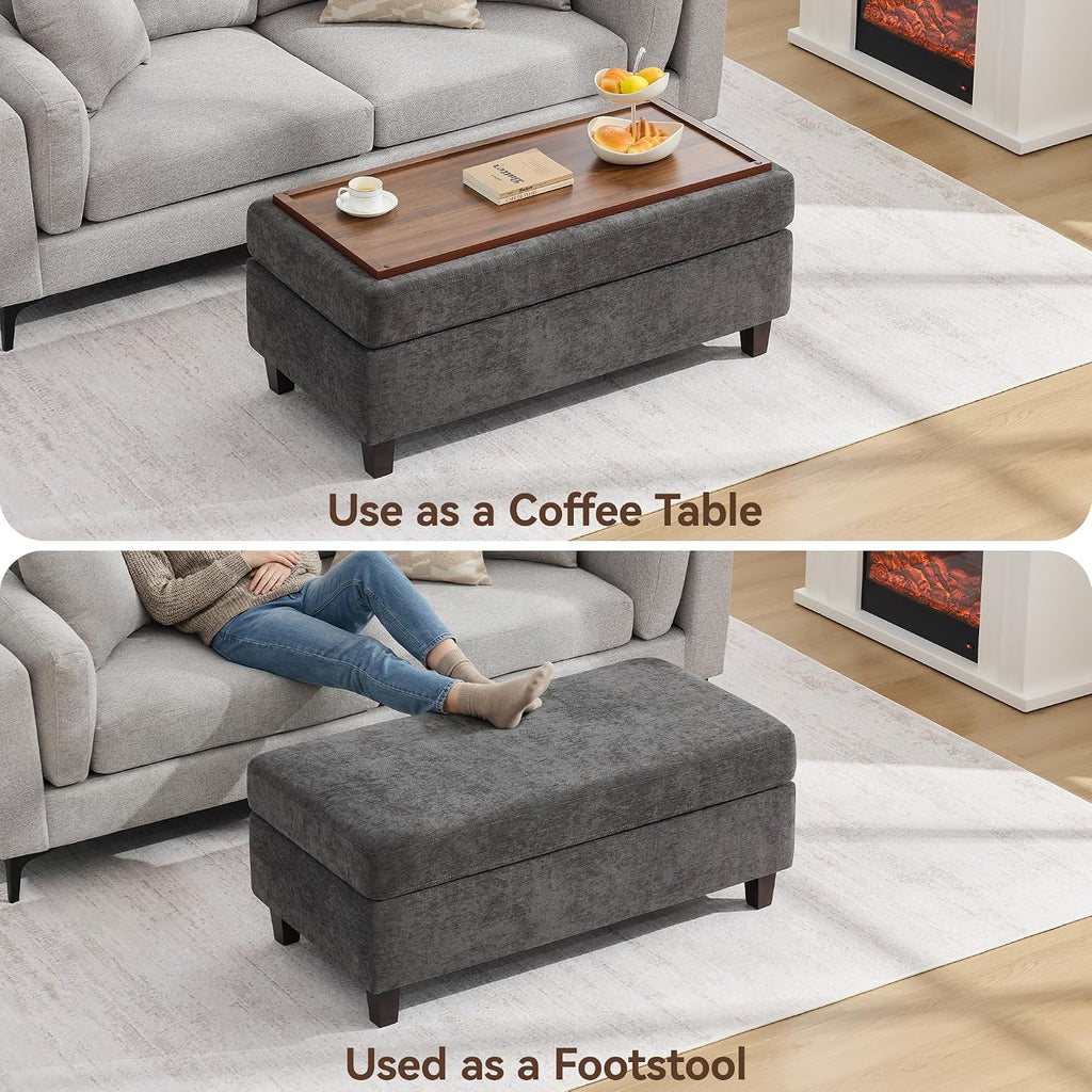 45 Inch Large Storage Ottoman Bench with Wooden Tray Coffee Table, Dark Grey Chenille Upholstered Foot Rest