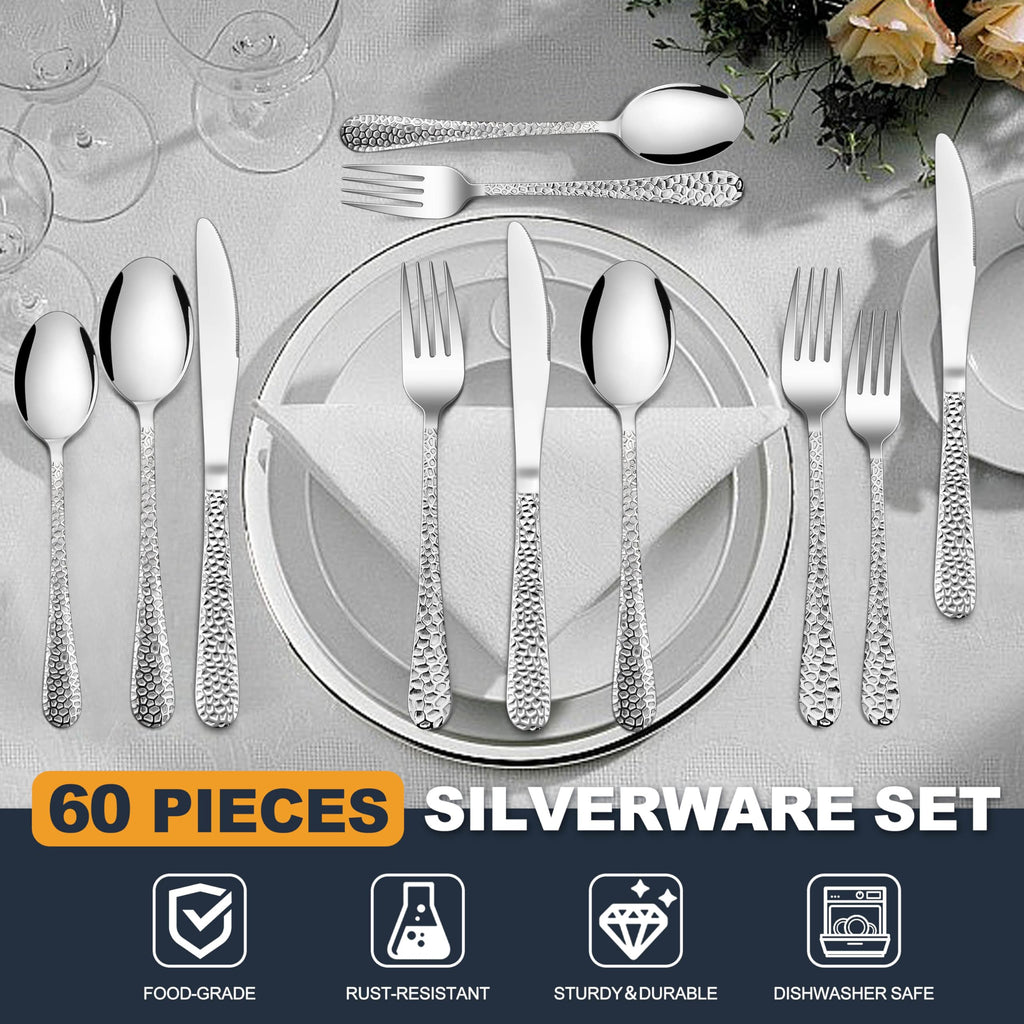Hammered Silverware Set, 60-Piece Stainless Steel Flatware