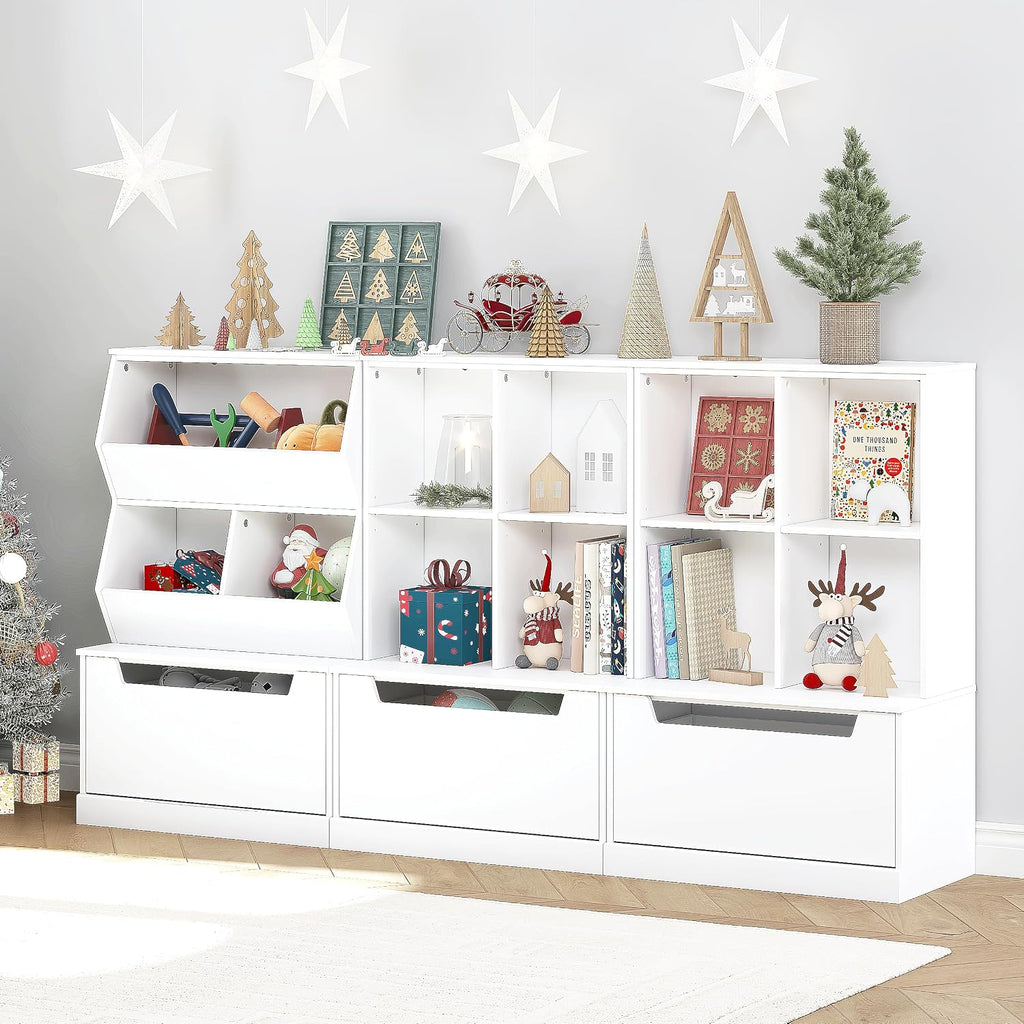 Kids Bookshelf and Toy Storage Organizer, Toddler Bookcase with Cubby | Adjustable Wood Shelf, Full-Width Drawer