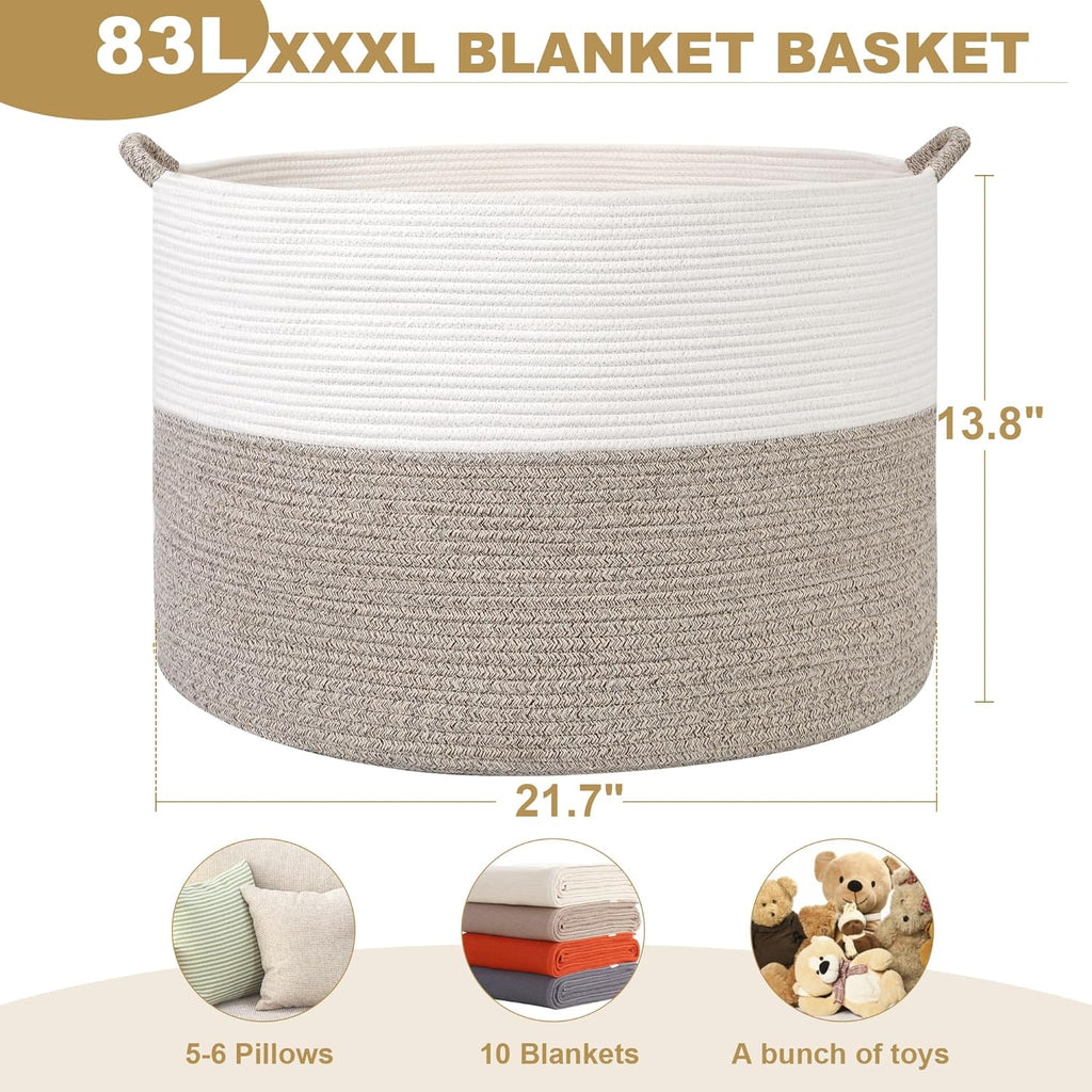 Large Blanket Basket , 21.7" x 13.8" Woven Cotton Rope Laundry Hamper for Pillows, Towels & Toy Storage - Decorative