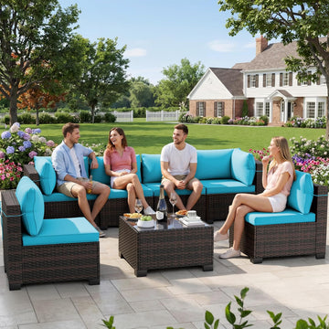 7-Piece Outdoor Patio Furniture Sets, Manual Weaving Rattan Conversation Sectional Sofa with Tempered Glass Coffee