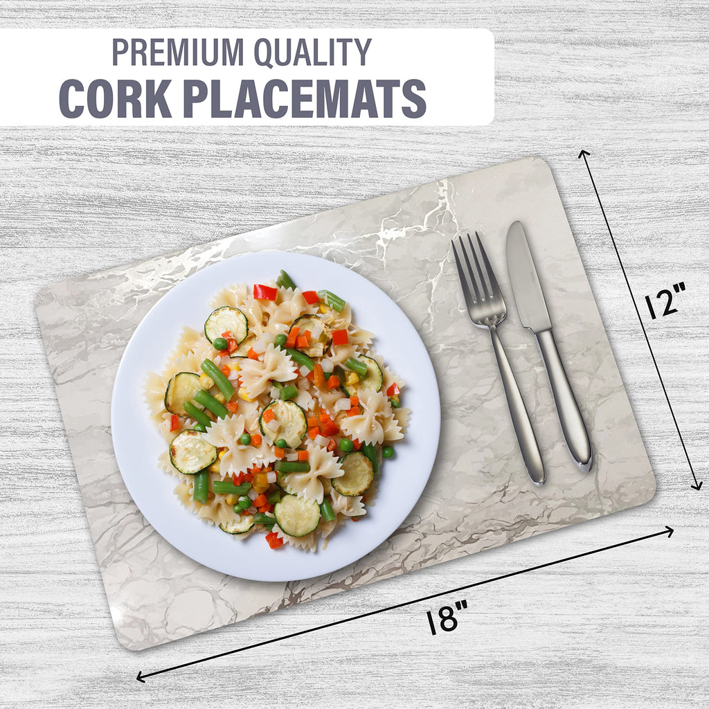 Foiled Granite Thick Cork Heat Resistant Dining Table Placemats Set of 2, 12" x 18" Rectangle, Marbled Silver, 2