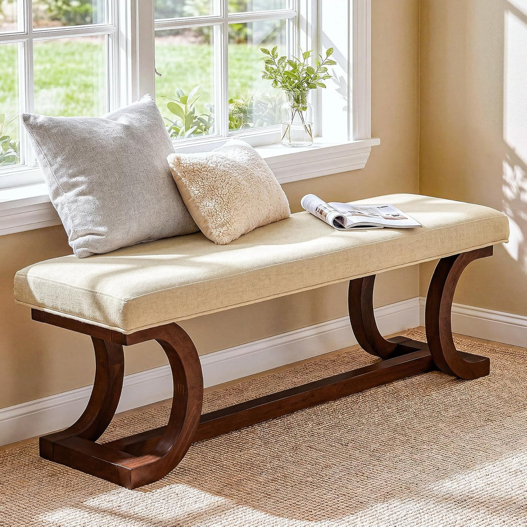 48-Inch Upholstered Bench, Solid Wood Entryway Bench with Soft Cushion, Mid-Century Accent Furniture for End of Bed