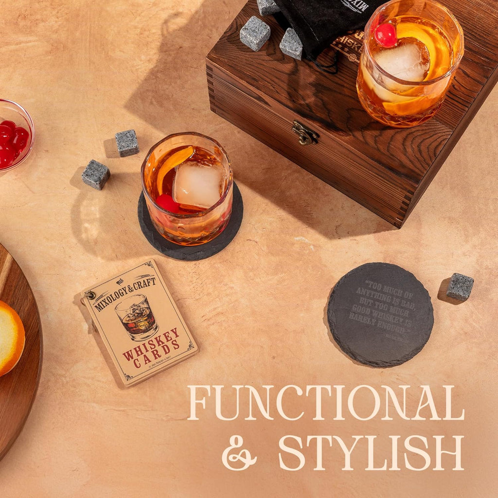 Whiskey Stones Gift Set: with Two 10oz Lead-Free Crystal Whiskey Glasses, 8 Whiskey Stones with Velvet Bag, 2 Slate