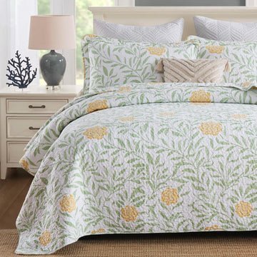 Floral Quilt - Cotton Green Sage Comforter Set, Farmhouse Floral Leaves Bedspread (106"x98") with 2 Pillow