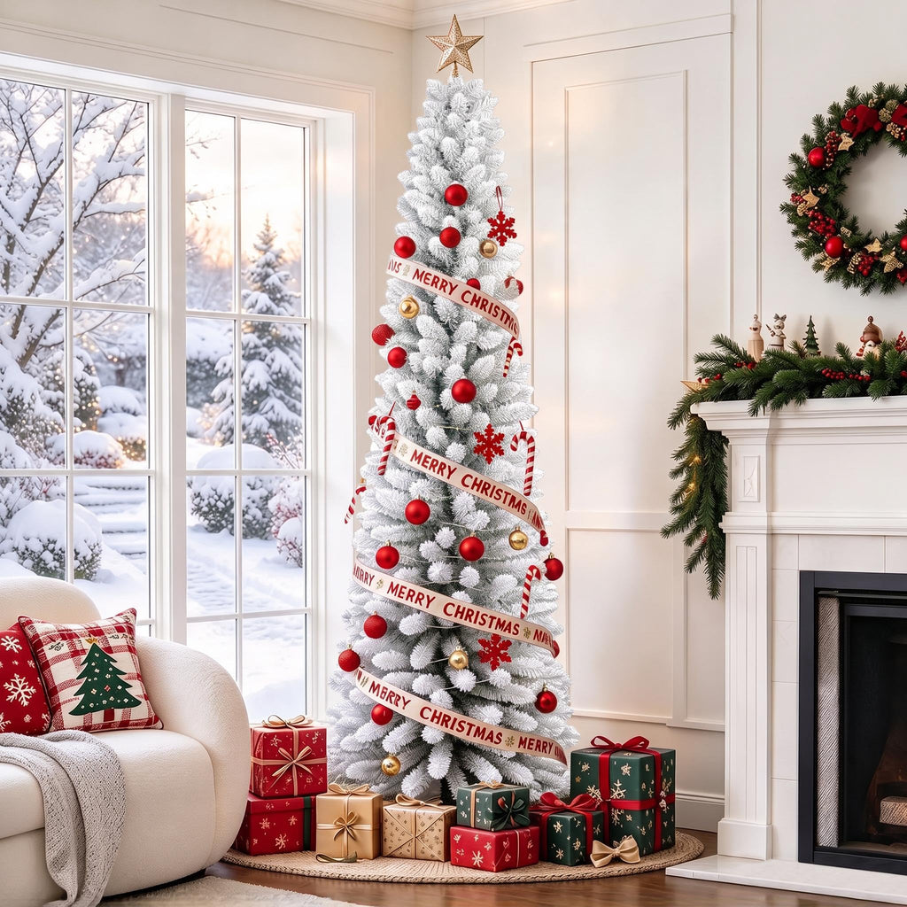 6 ft Pencil Prelit Christmas Tree, Snow Flocked Xmas Tree