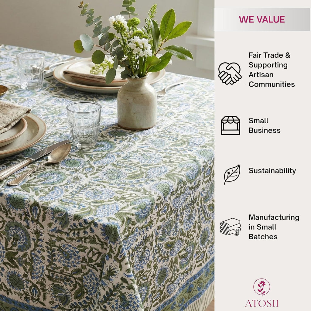 Clover Blue 100% Cotton Rectangle Fall Tablecloth, Handblock Floral Linen Table Cloth Dining Table I