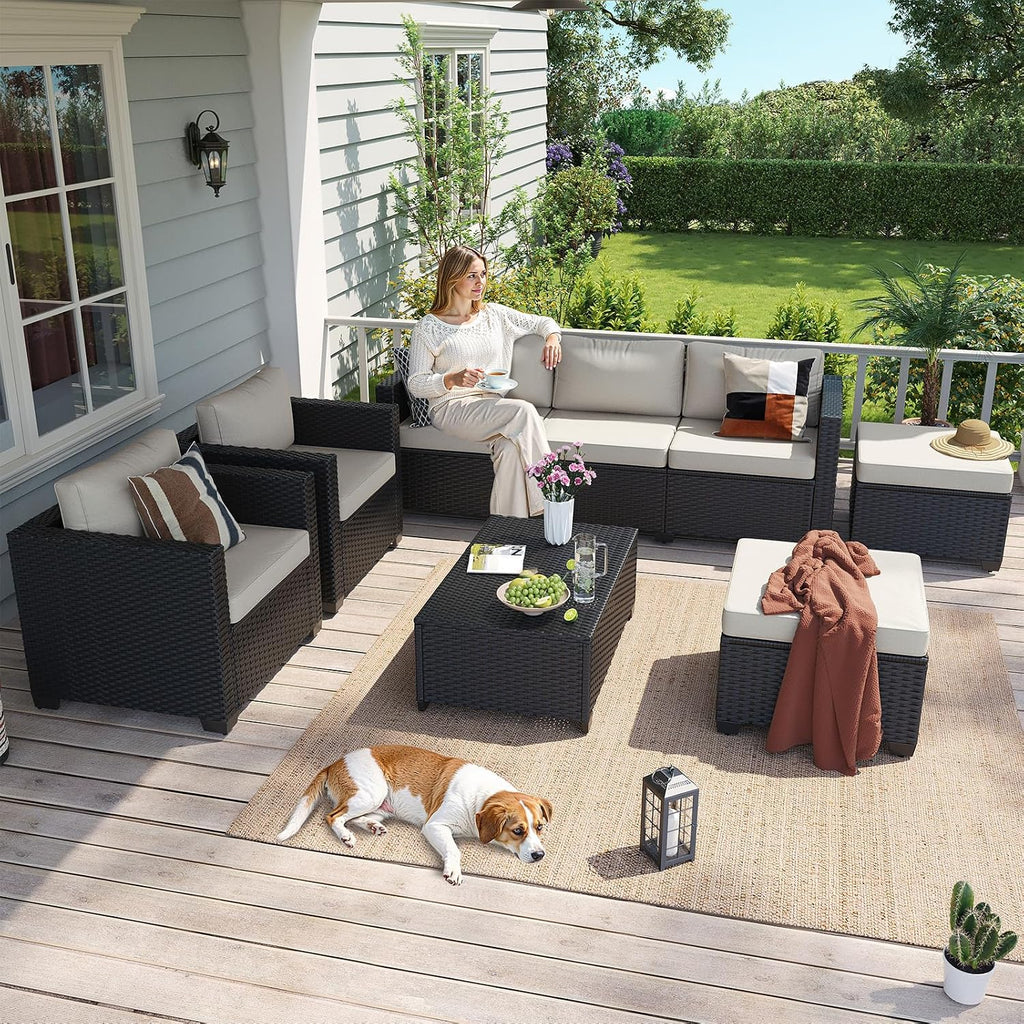 8 Piece Outdoor Patio Furniture Set 7 Seats, Outdoor Sectional with Thick Waterproof Cushions, Patio Conversation