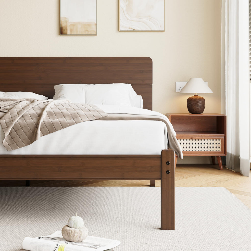 14" Solid Bamboo Wood Twin XL Platform Bed Frame with Headboard
