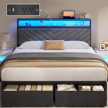 Queen Bed Frame with 2 Drawers, Upholstered Headboard with Storage and Charging Station, LED Lights