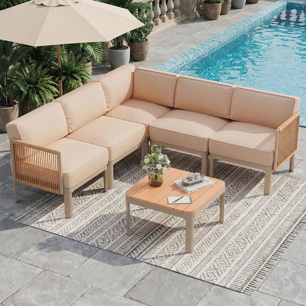 6 Pieces Patio Sectional Furniture Set, Metal Frame Outdoor Conversation Set with 6" Thick Cushions & Coffee Table