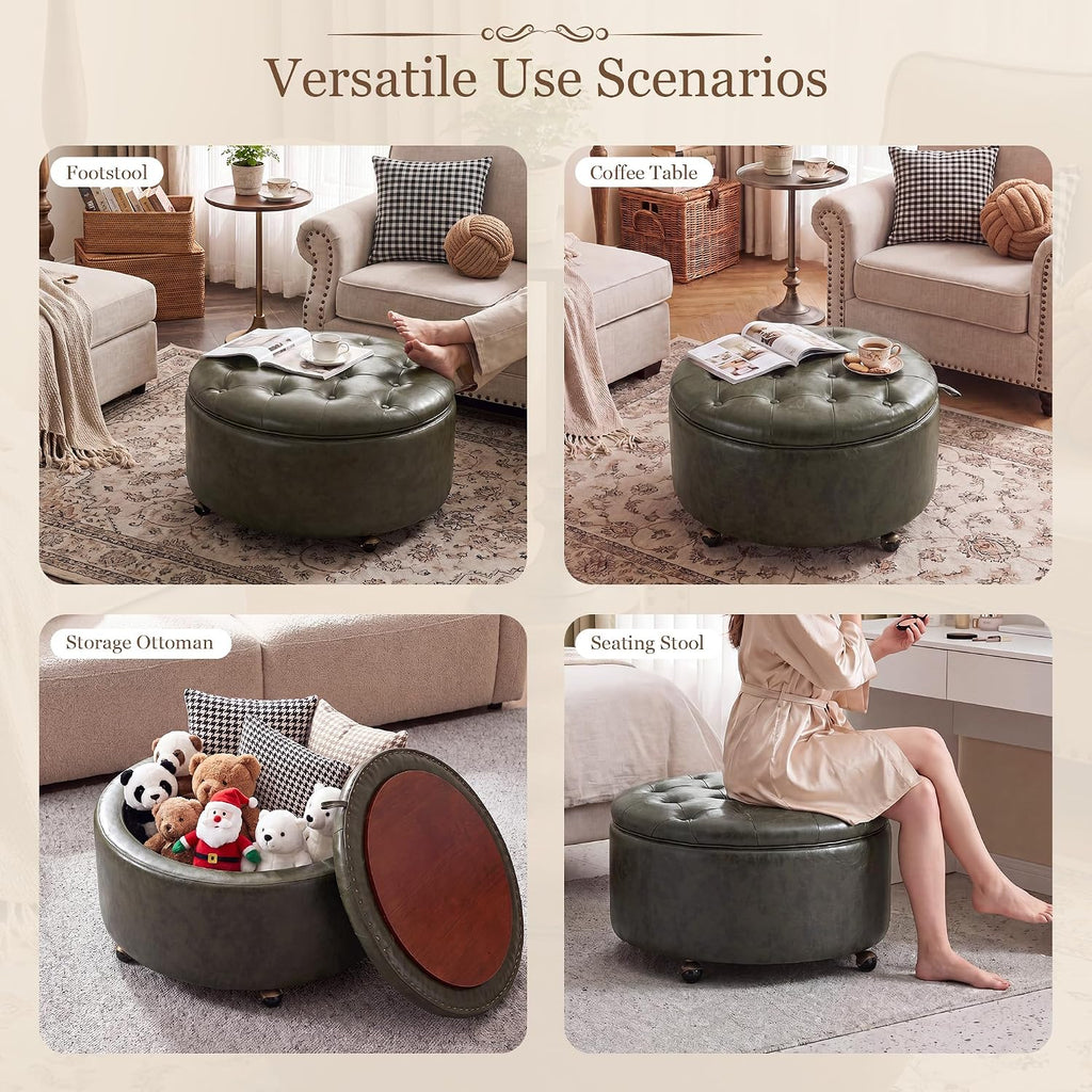 29" Large Round Storage Ottoman with Tray , Green | Ottoman with Tray & Wheels, Round Coffee Table, Footrest Stool