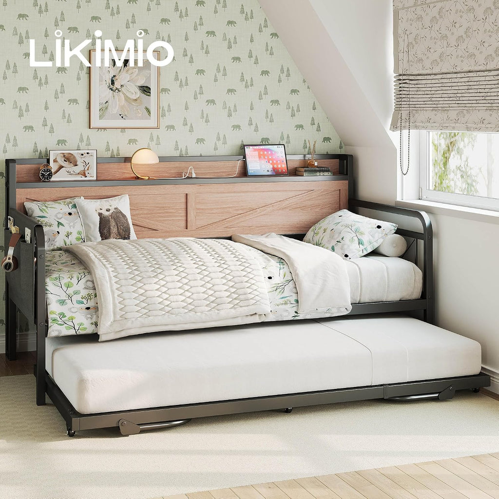 Twin Daybed with Pop Up Trundle & Charging Station & Storage Shelf | Pop Up Trundle with Smooth Wheels, Strong