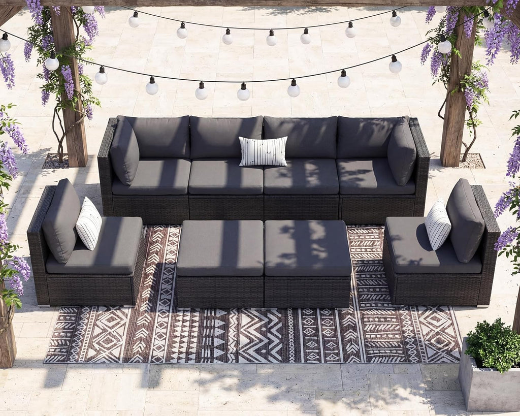 8 Seater Modern Luxury Outdoor Furniture Set, Extra Large PE Wicker Patio Modular Sectional Sofa with Ottoman, 29.3''