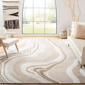 Fifth Avenue Area Rug, Beige & Ivory, Handmade Mid-Century Modern Abstract New Zealand Wool