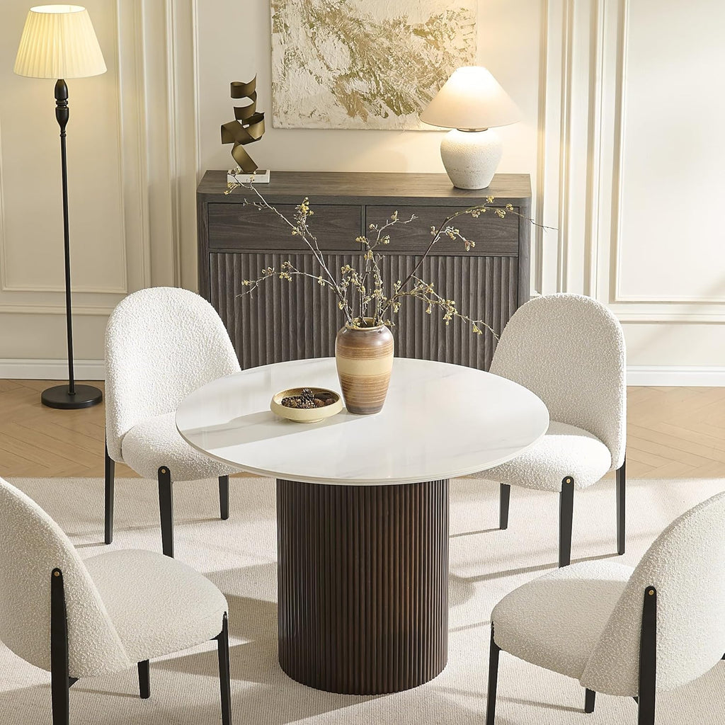 42 Inch Round Dining Table for 4, Modern Marble Dining Table with Fluted Solid Wood Base for Kitchen, Dining Room and Apartment