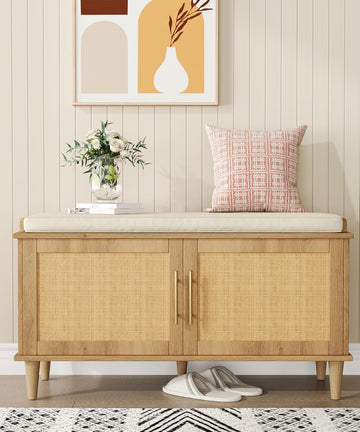 Rattan Shoe Storage Bench with Cushion, 2-Tier Entryway Bench with Adjustable Shelves and 2 Doors, 15" D x 39.4" W x