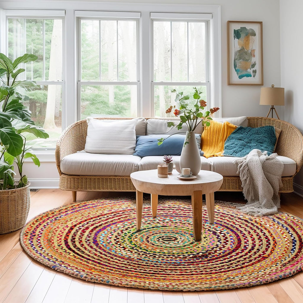 Jute Chindi Braid Rag Rug - 7 Feet Round Multi Color Area Rug | Handwoven Reversible Jute & Natural Recycled Cotton
