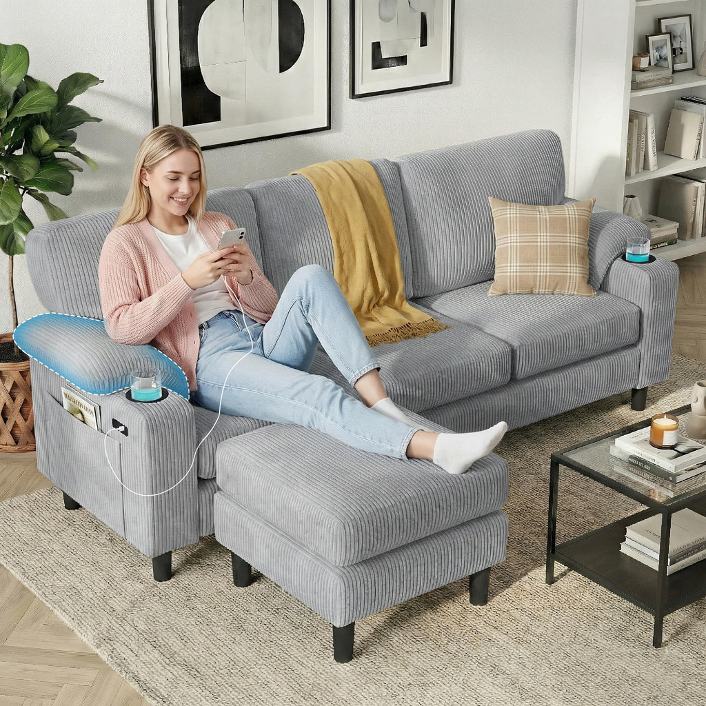 80" L-Shaped Sectional Sofa with Movable Storage Ottoman, LightGray
